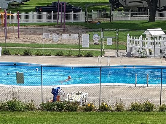 Kidney-shaped swimming pool with lounge chairs, fenced in, with a playground in the background